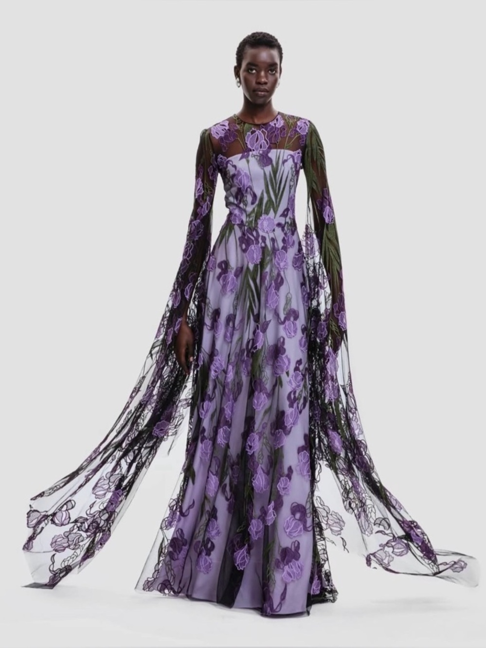 Naeem Khan Floral Lace Embroidered Gown with Cascading Sleeves